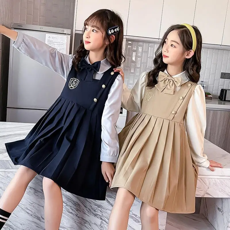 Girls' Beige Pleated Vest Dress with White Sleeves - Image 3