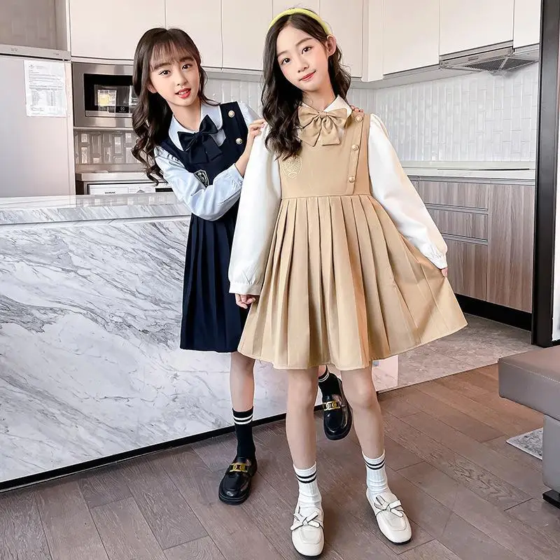 Girls' Beige Pleated Vest Dress with White Sleeves - Image 4
