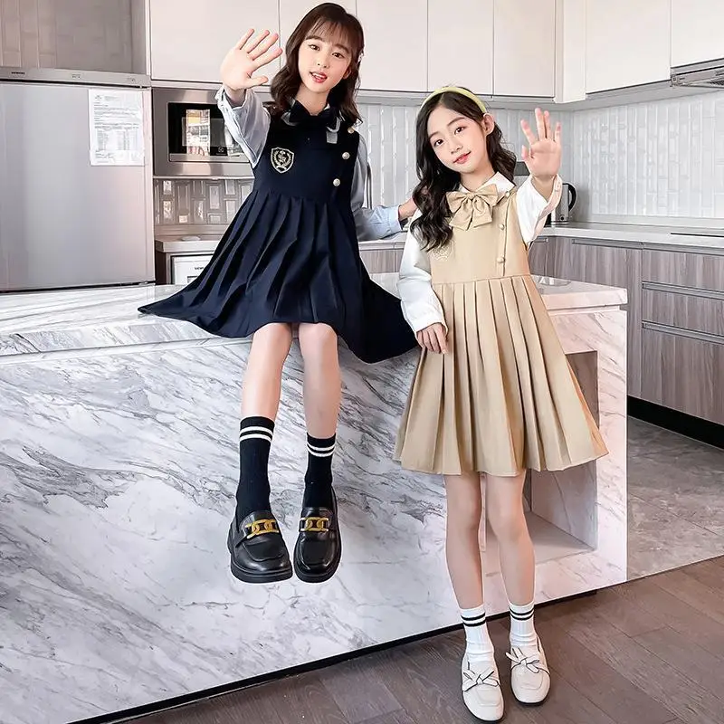 Girls' Beige Pleated Vest Dress with White Sleeves - Image 5