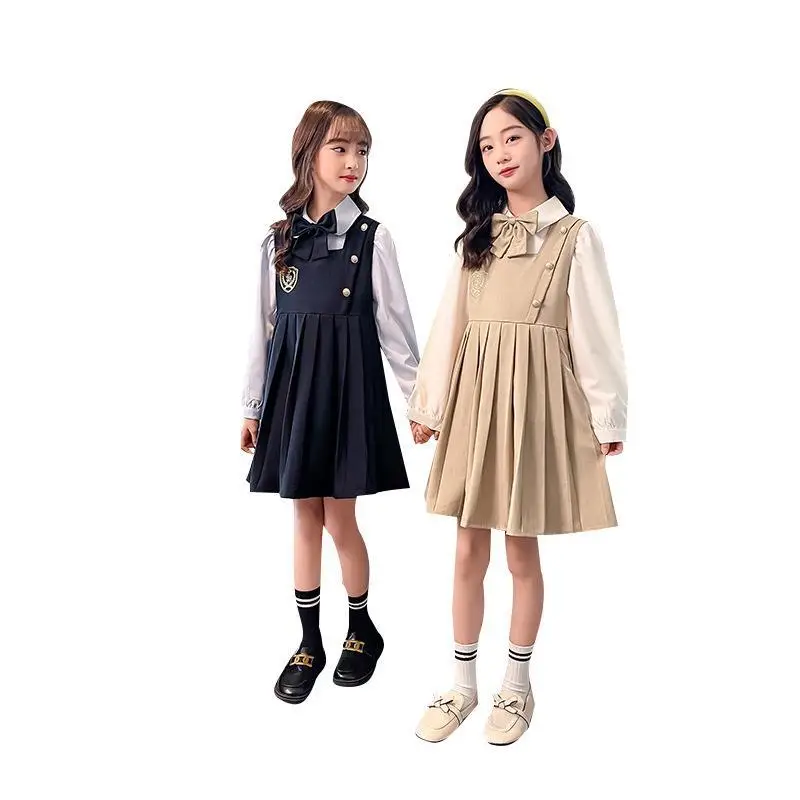 Girls' Beige Pleated Vest Dress with White Sleeves - Image 6