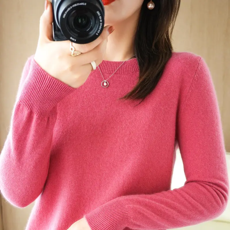 Women Purple Knitted Low Neck Sweater Long Sleeve