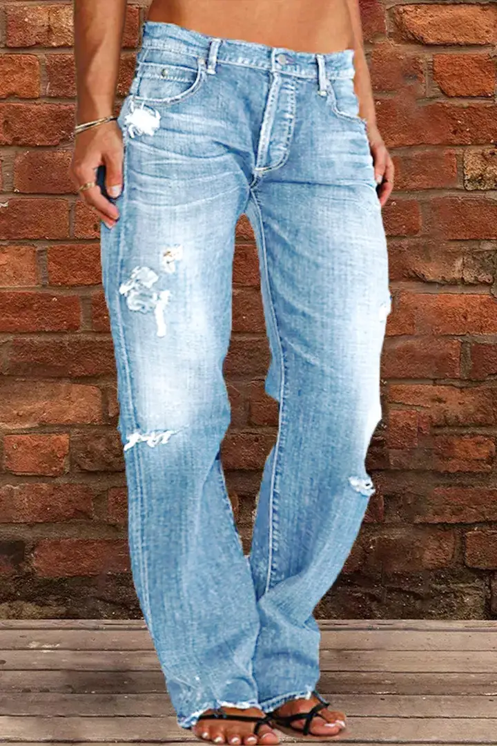Ladies Denim Jeans Straight Fit Hole Wash Casual Wear - Image 3