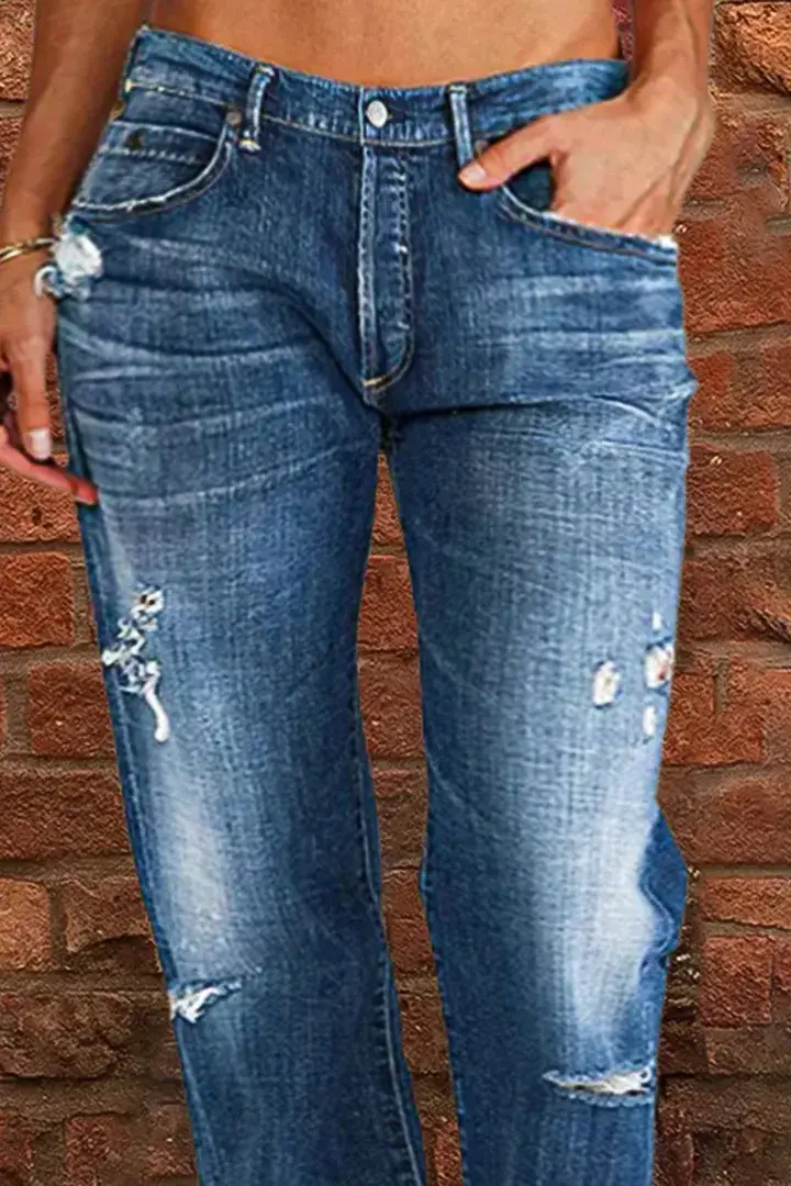 Ladies Denim Jeans Straight Fit Hole Wash Casual Wear - Image 2