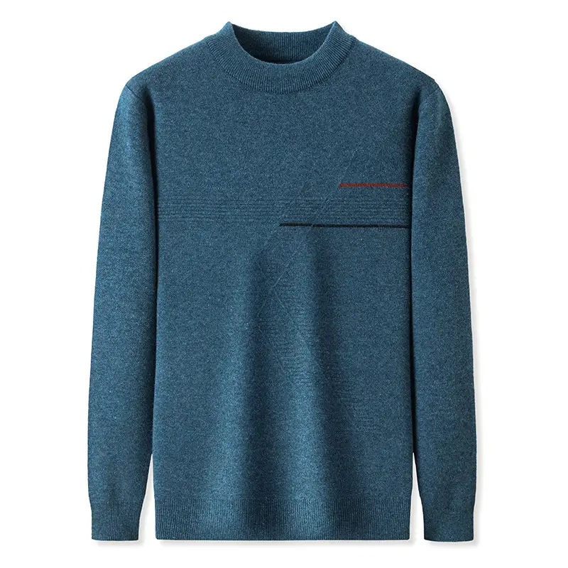 Men's Dark Blue Jacquard Round Neck Sweater with Red Grid Design - Image 10