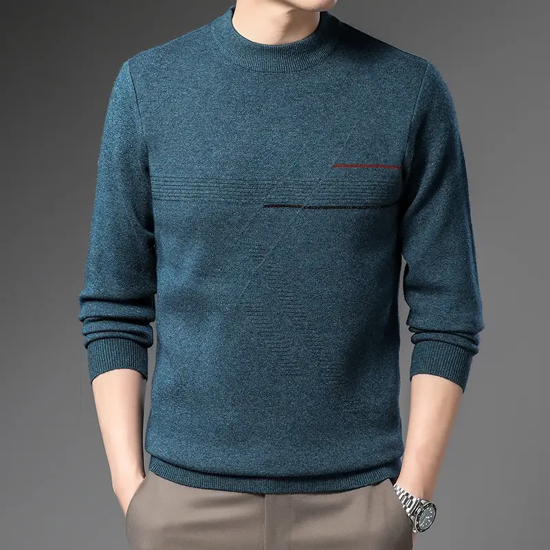 Men's Dark Blue Jacquard Round Neck Sweater with Red Grid Design - Image 8