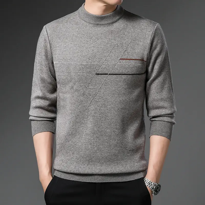 Men's Dark Blue Jacquard Round Neck Sweater with Red Grid Design - Image 2
