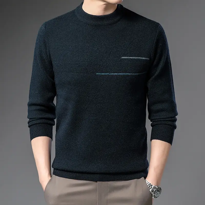 Men's Dark Blue Jacquard Round Neck Sweater with Red Grid Design - Image 3