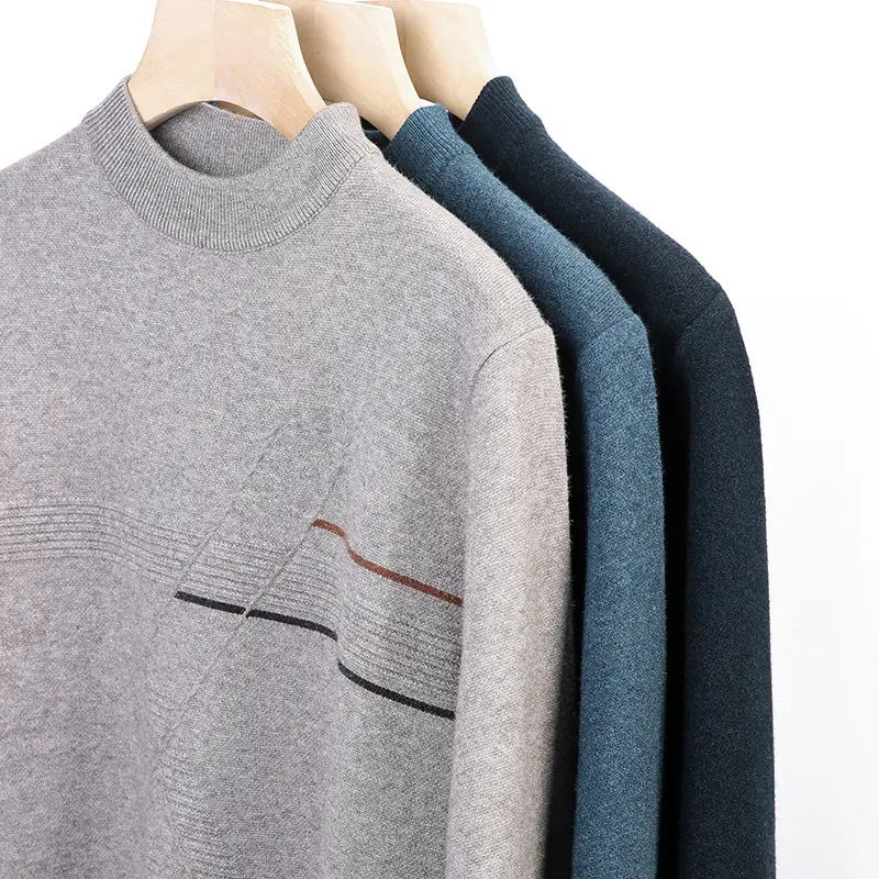 Men's Dark Blue Jacquard Round Neck Sweater with Red Grid Design - Image 9
