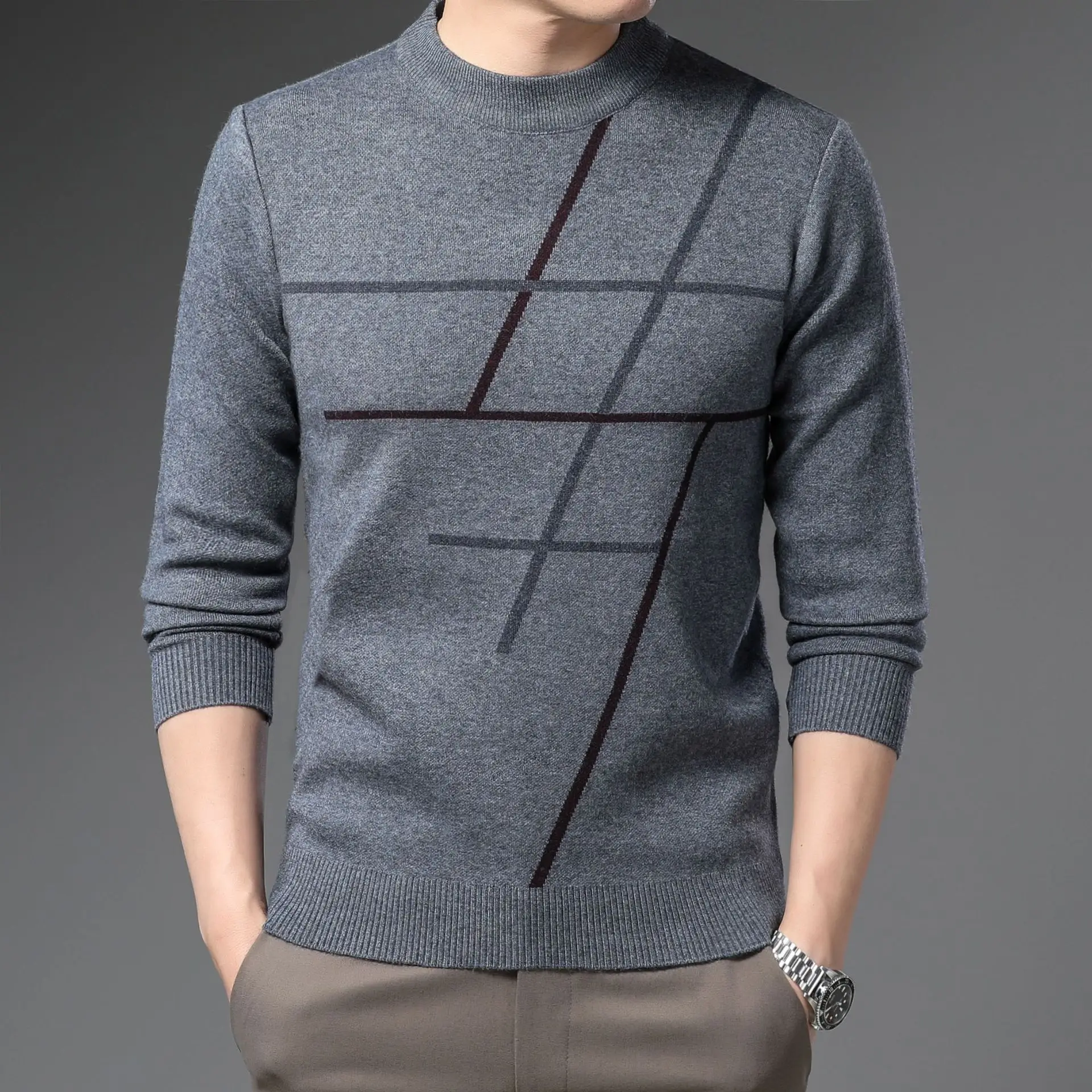 Men's Dark Blue Jacquard Round Neck Sweater with Red Grid Design - Image 4