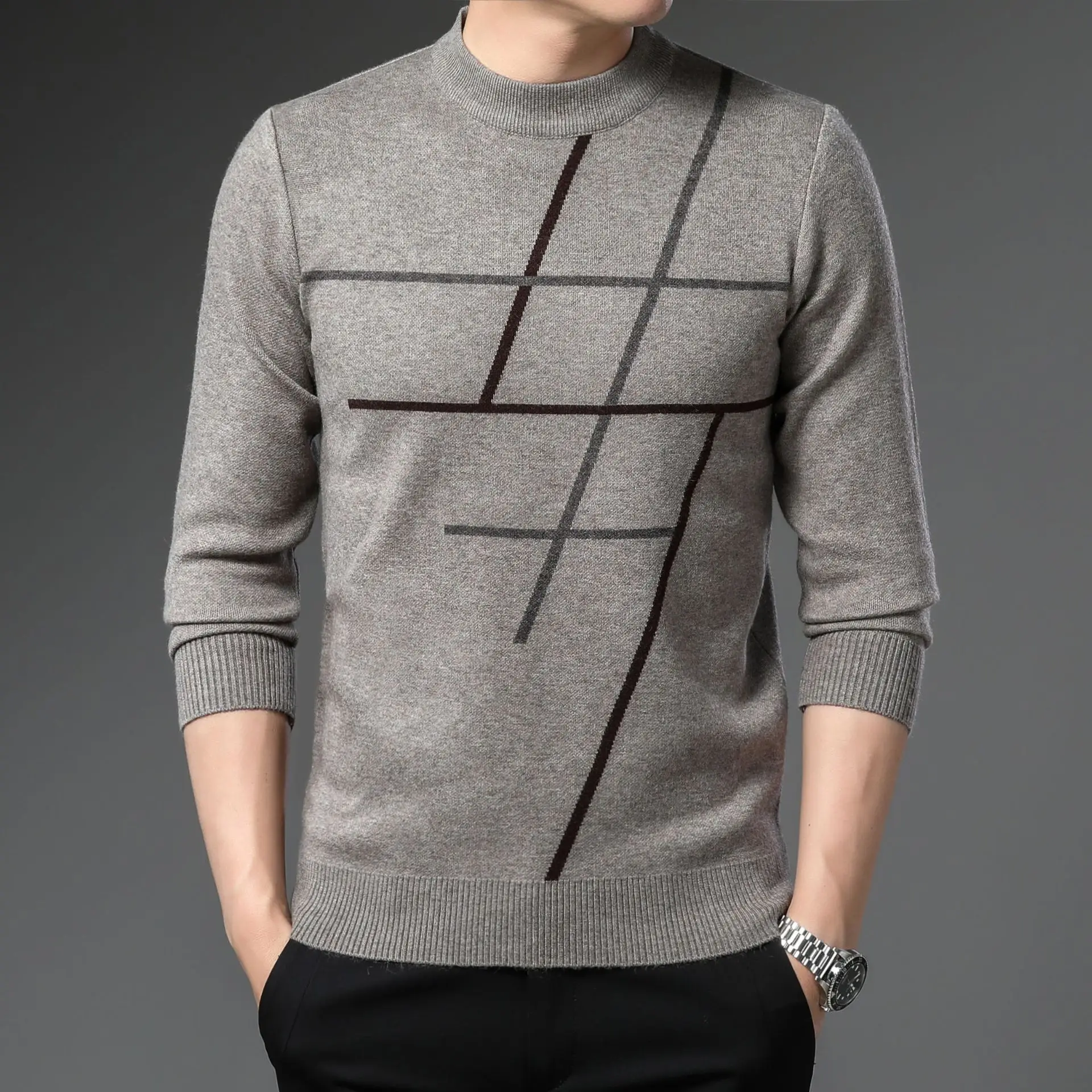 Men's Dark Blue Jacquard Round Neck Sweater with Red Grid Design - Image 5