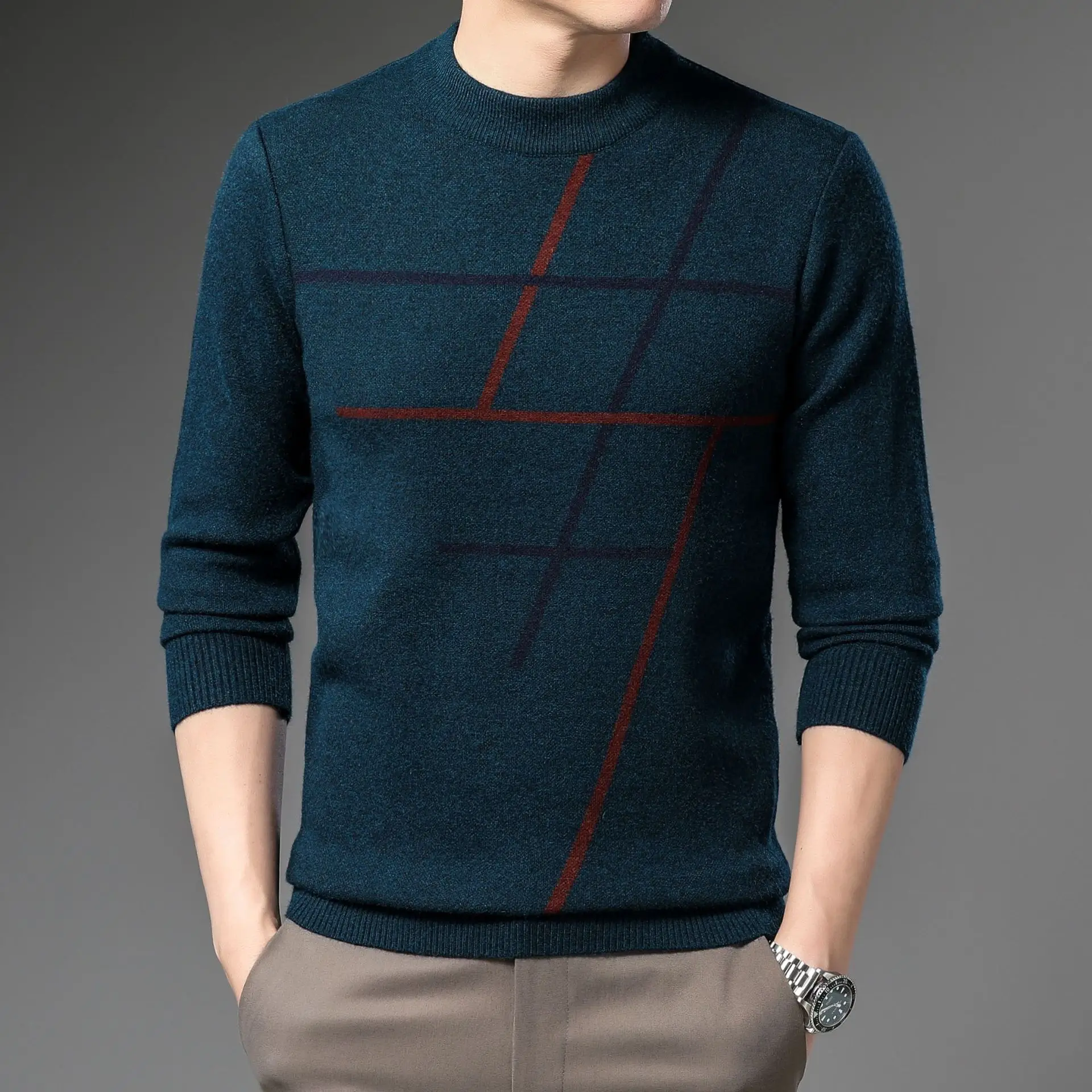 Men's Dark Blue Jacquard Round Neck Sweater with Red Grid Design - Image 6