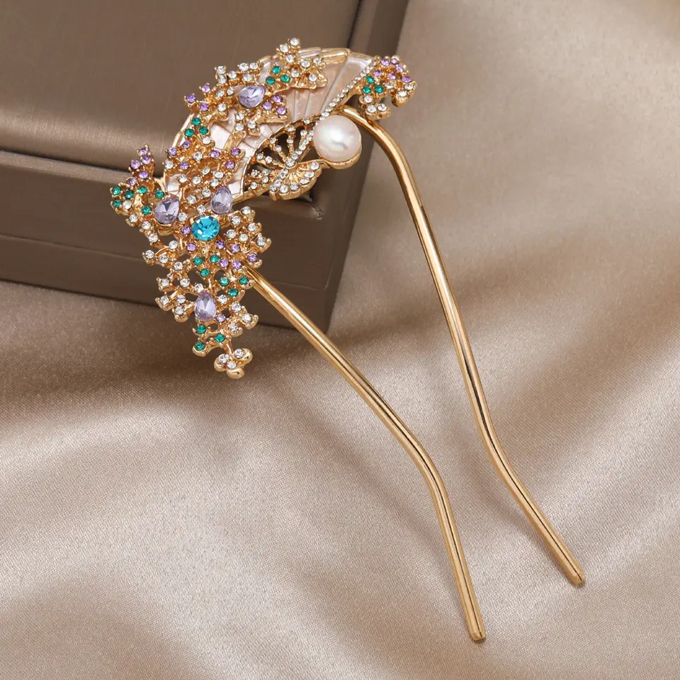Folding Hairpin with Pearl & Crystal Design for Women