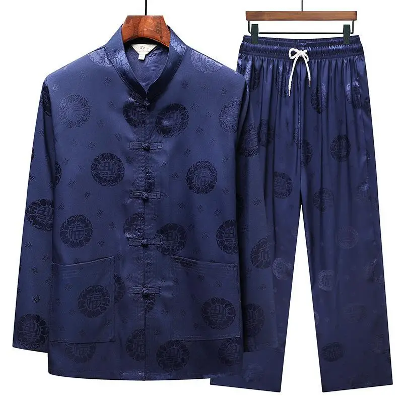 Autumn Men's Blue Tang Suit with Buckle Design