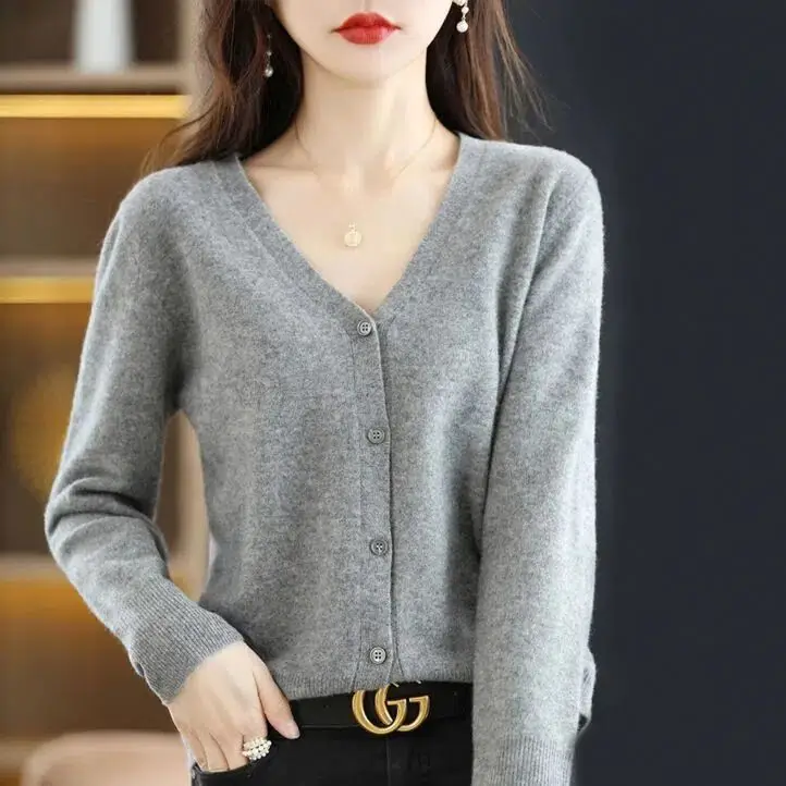 Women Grey V Neck Long Sleeve Knit Cardigan - Image 17