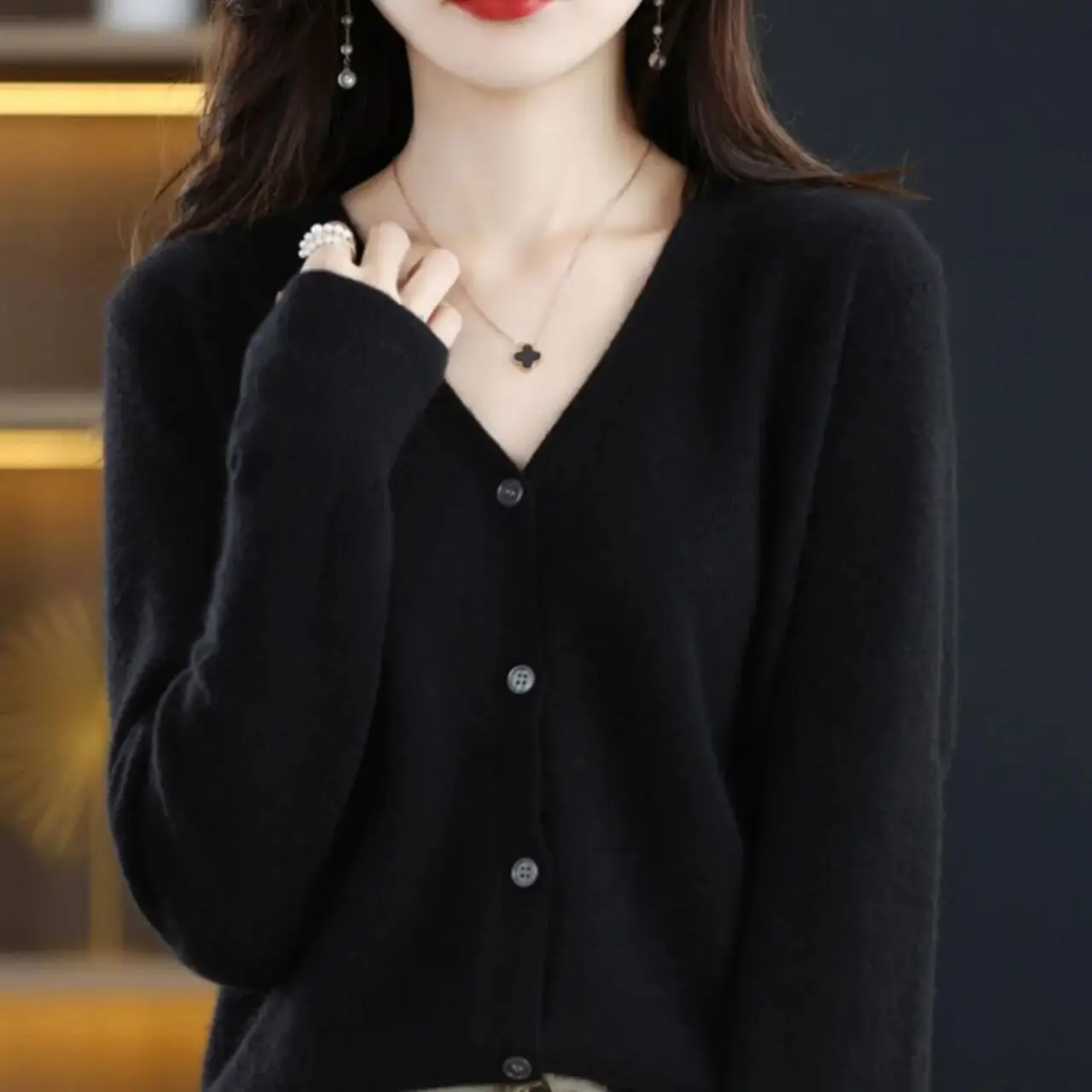 Women Grey V Neck Long Sleeve Knit Cardigan - Image 11