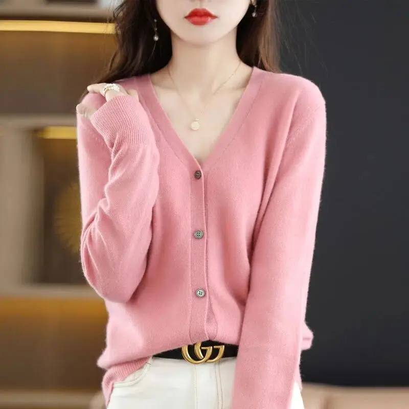 Women Grey V Neck Long Sleeve Knit Cardigan - Image 3