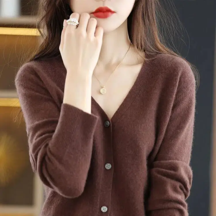Women Grey V Neck Long Sleeve Knit Cardigan - Image 4