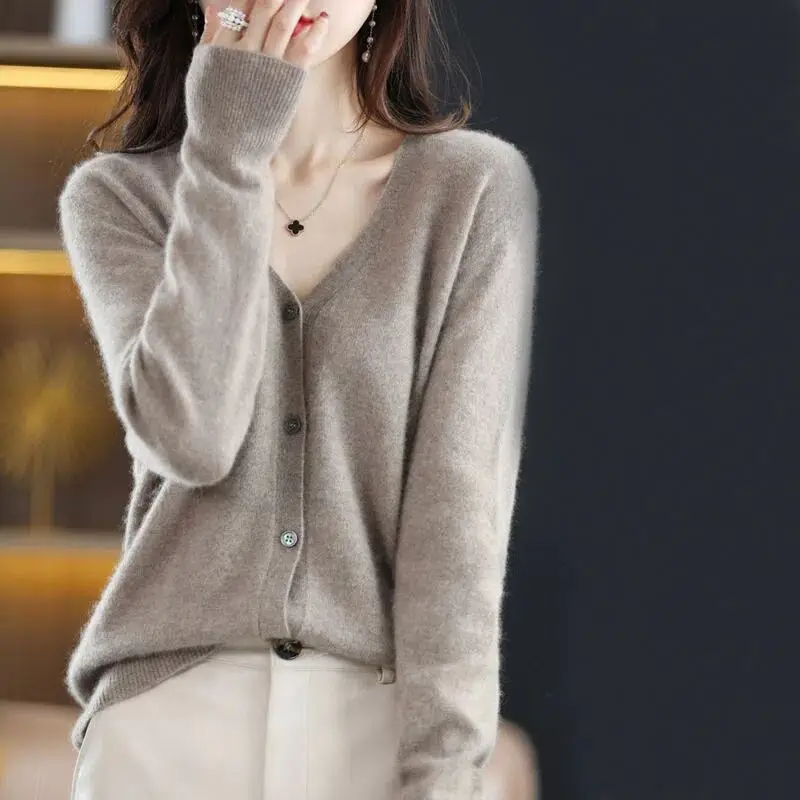 Women Grey V Neck Long Sleeve Knit Cardigan - Image 5
