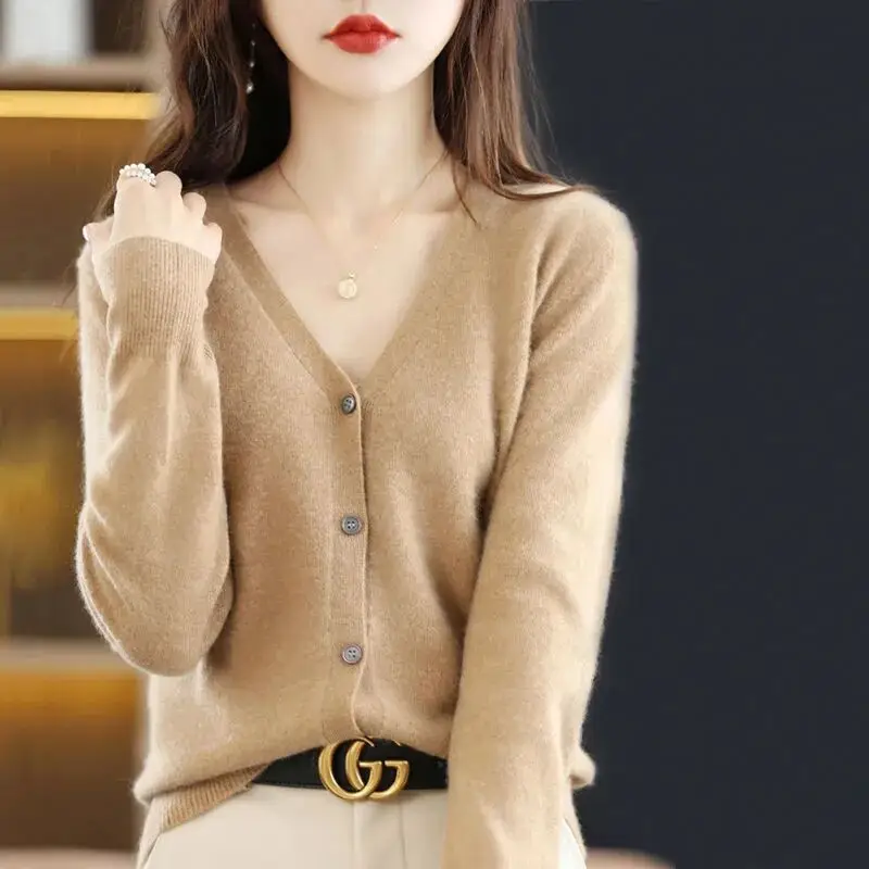 Women Grey V Neck Long Sleeve Knit Cardigan - Image 6