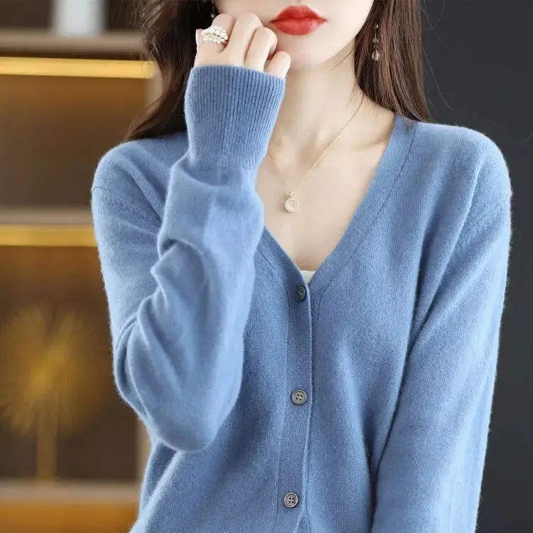 Women Grey V Neck Long Sleeve Knit Cardigan - Image 8