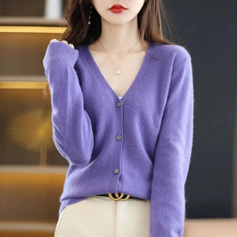Women Grey V Neck Long Sleeve Knit Cardigan - Image 9