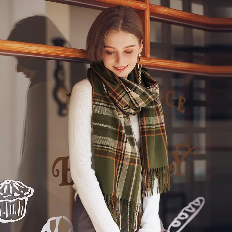 Women's Plaid Tassel Scarf Winter Warm Blue - Image 8