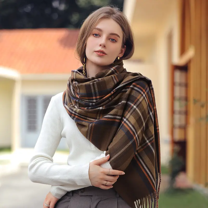 Women's Plaid Tassel Scarf Winter Warm Blue - Image 9