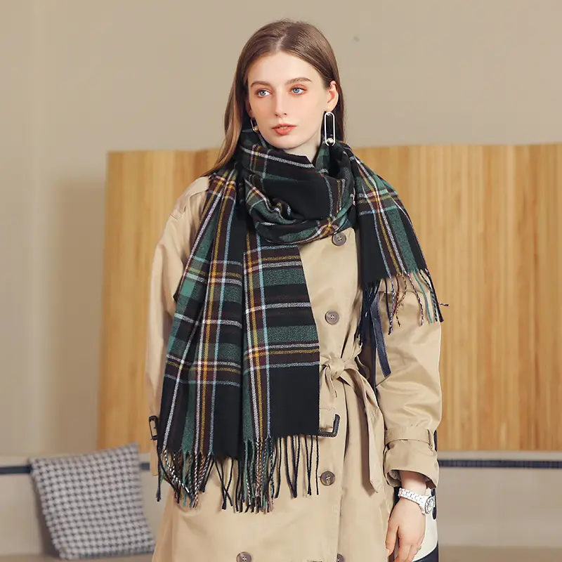 Women's Plaid Tassel Scarf Winter Warm Blue - Image 10