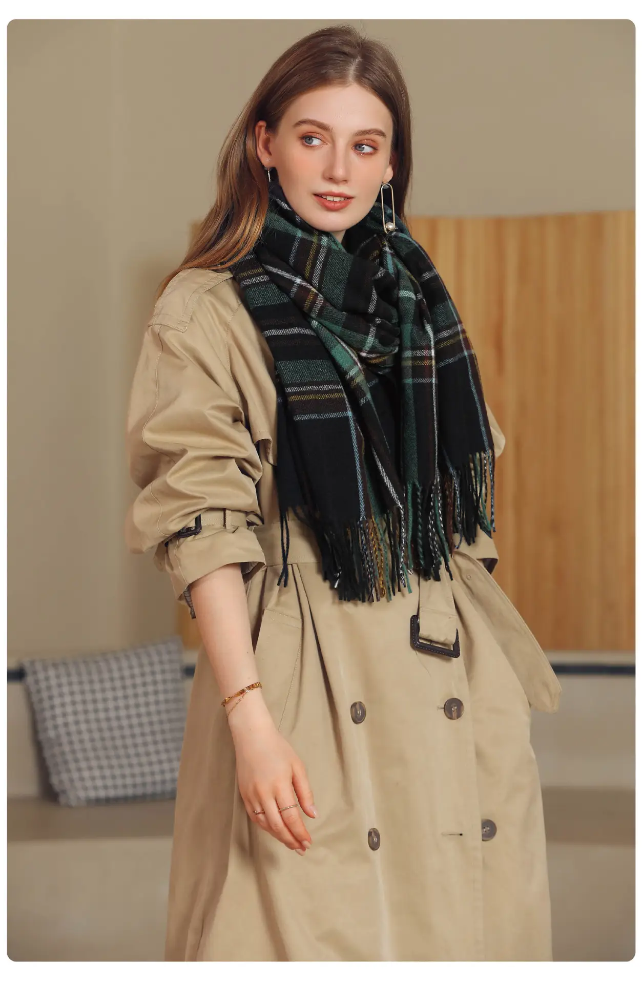 Women's Plaid Tassel Scarf Winter Warm Blue — feature 10