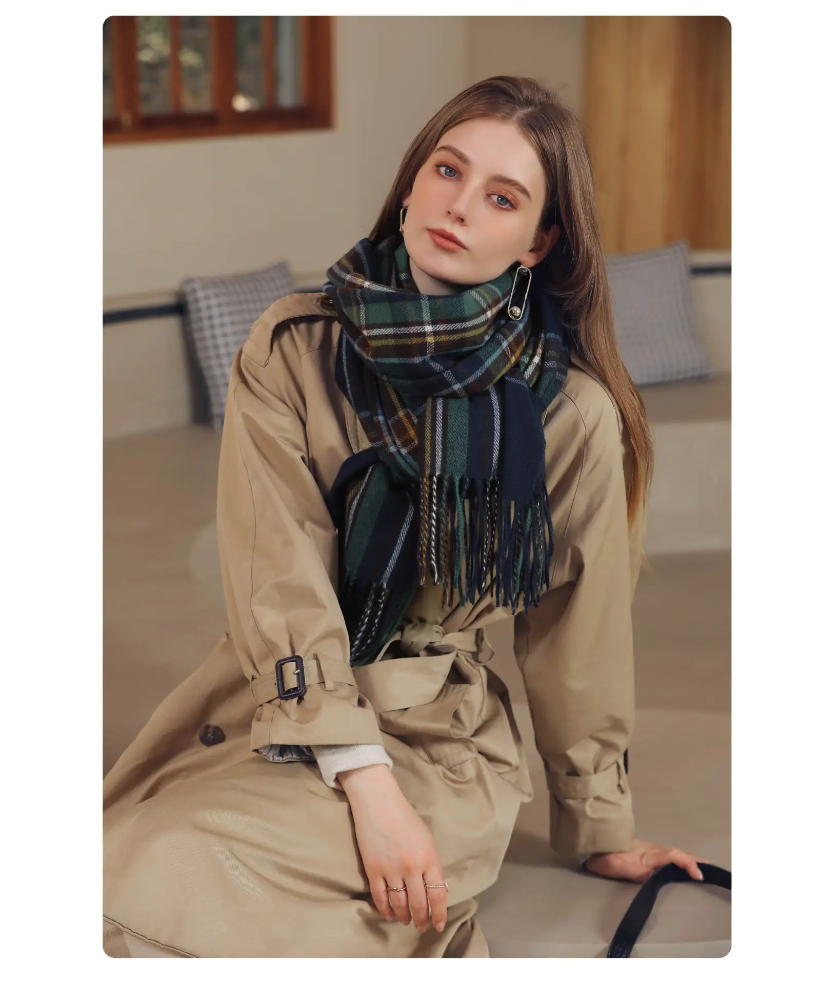 Women's Plaid Tassel Scarf Winter Warm Blue — feature 11