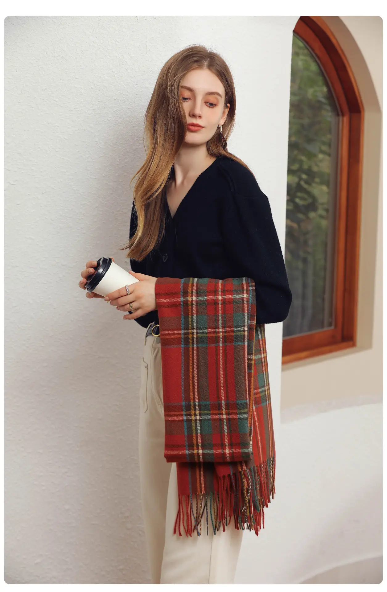 Women's Plaid Tassel Scarf Winter Warm Blue — feature 12