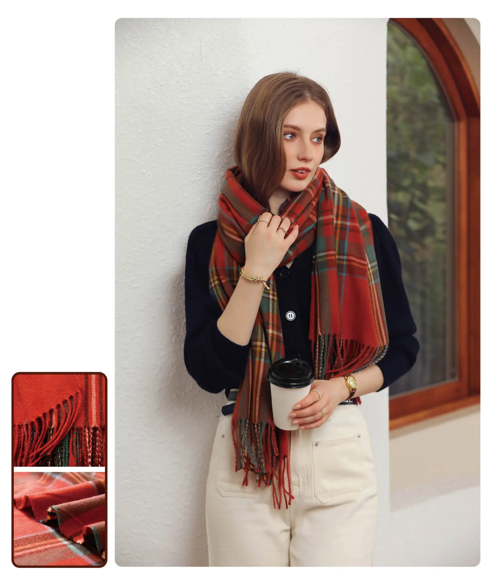 Women's Plaid Tassel Scarf Winter Warm Blue — feature 13