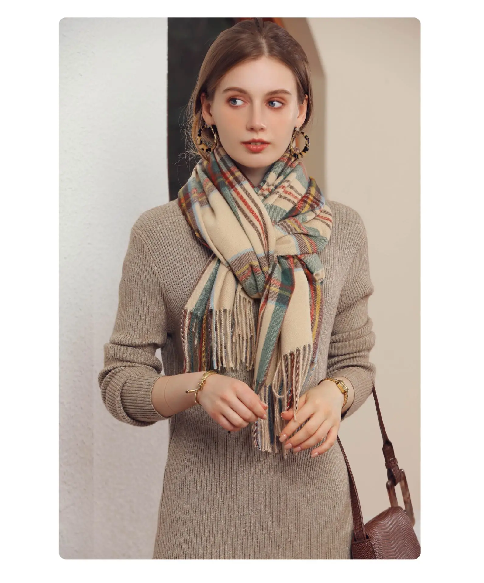 Women's Plaid Tassel Scarf Winter Warm Blue — feature 15