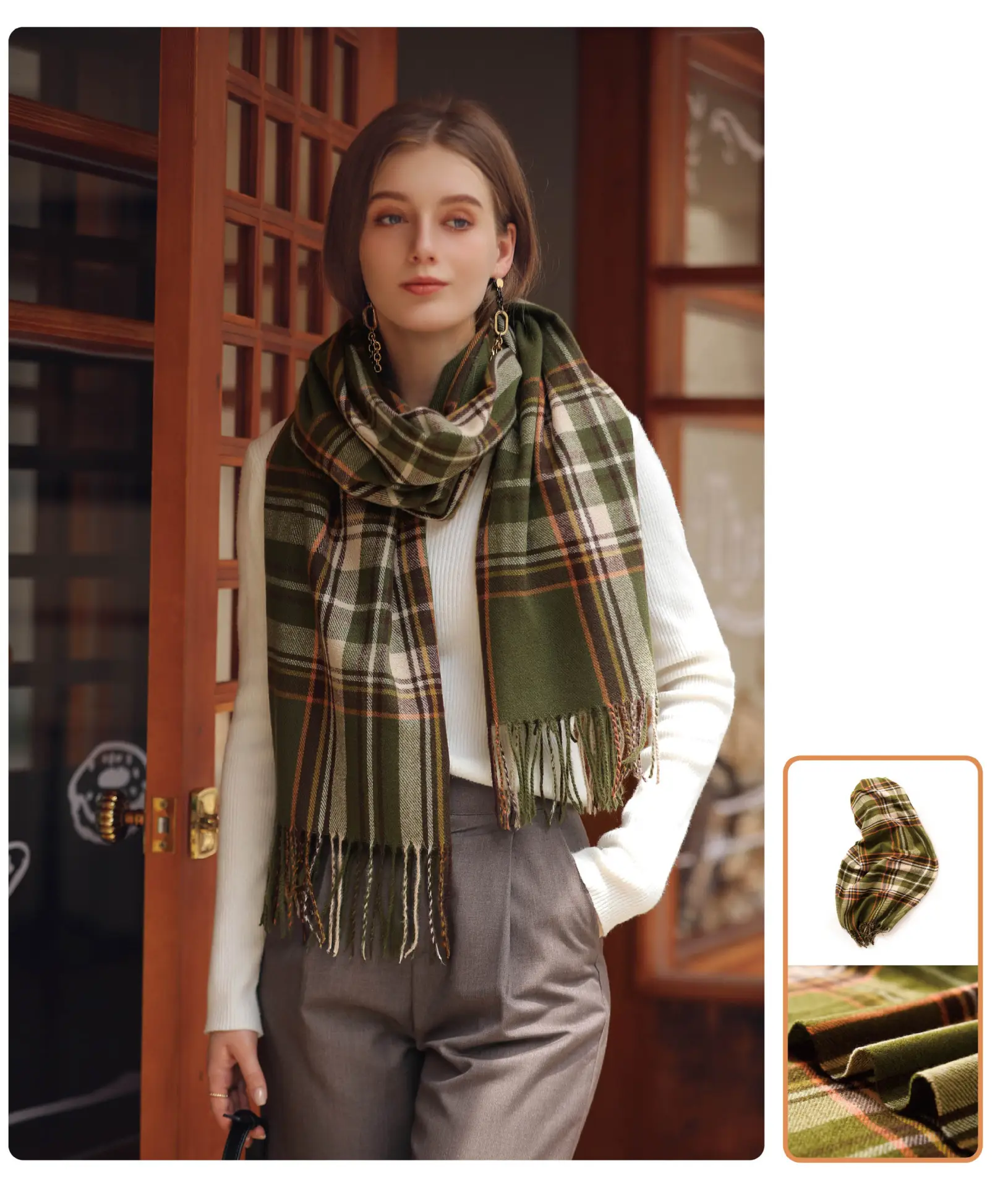 Women's Plaid Tassel Scarf Winter Warm Blue — feature 9