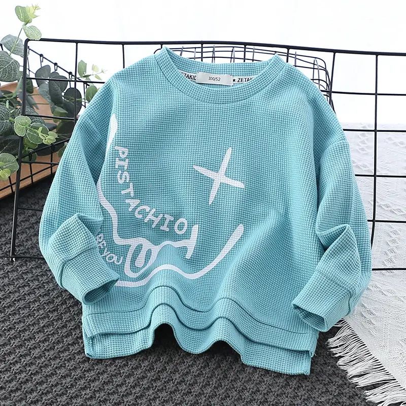 Blue Cotton Waffle Sweatshirt with Lime Print for Girls - Image 2