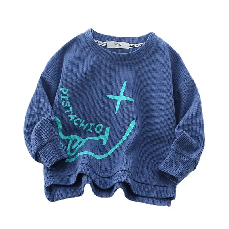 Blue Cotton Waffle Sweatshirt with Lime Print for Girls - Image 7