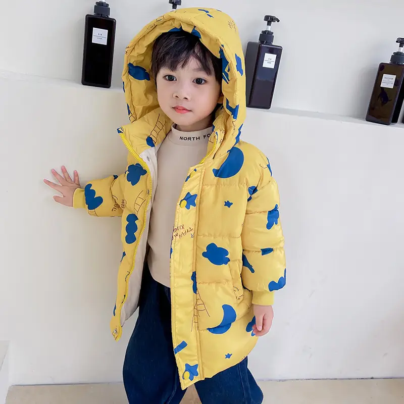 2025 New Kids Hooded Cotton Winter Coat Yellow Blue Clouds - Image 4