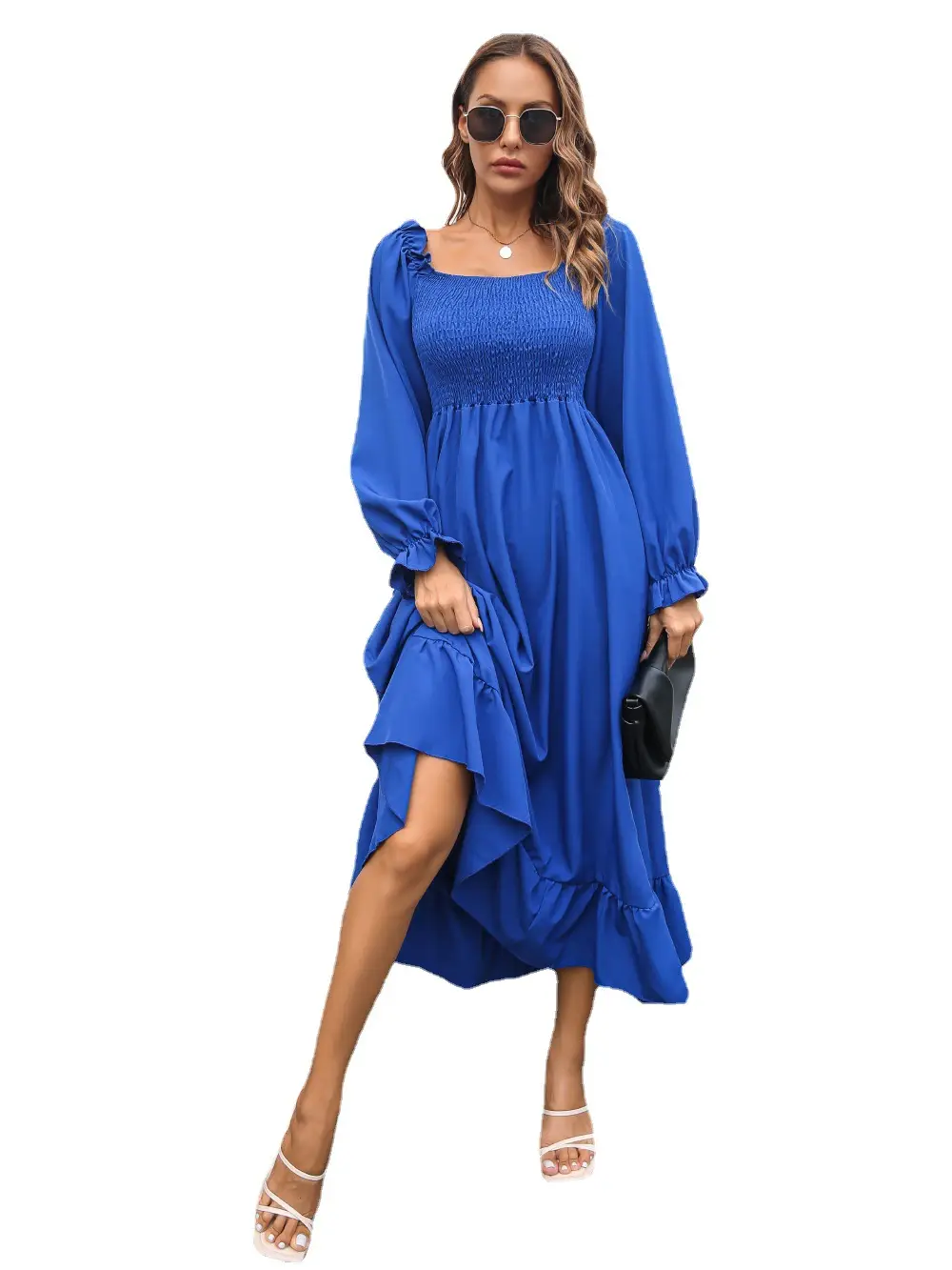Blue Ruffled Crossbody Dress for Women Large Hem