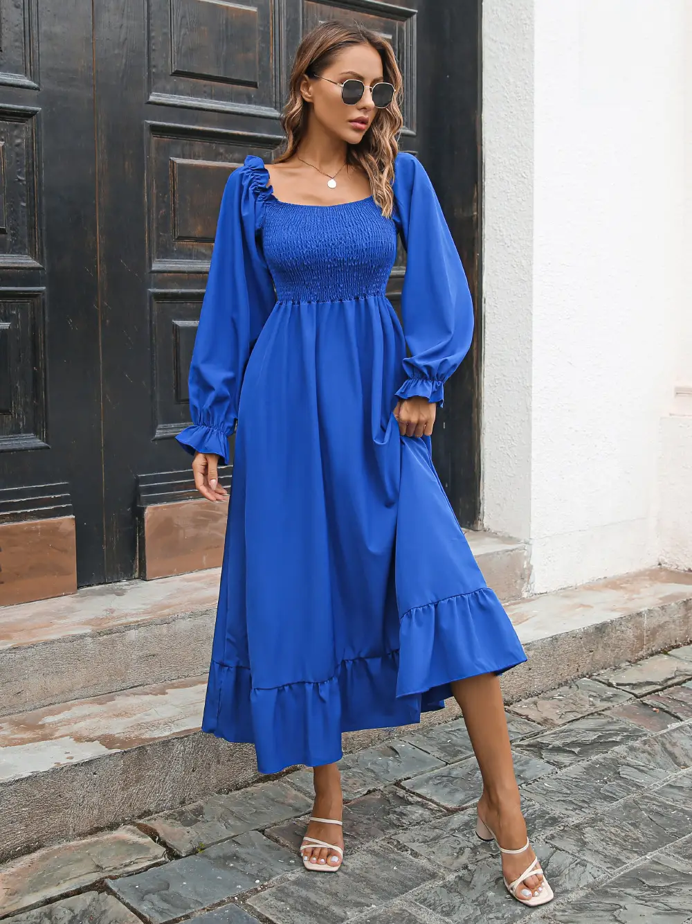 Blue Ruffled Crossbody Dress for Women Large Hem