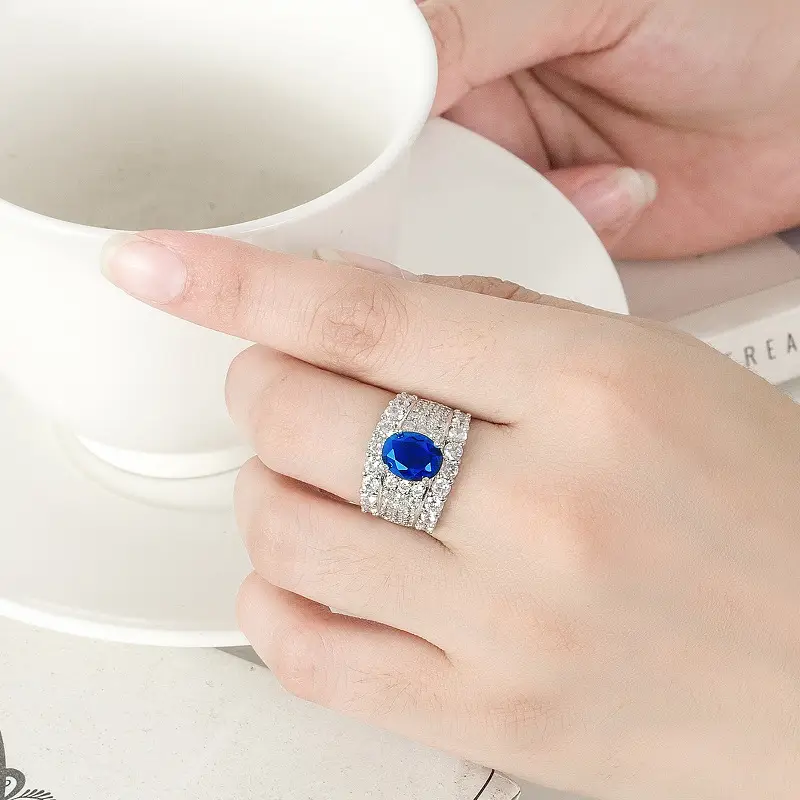 Full Diamond Caibao Ring Dark Blue Citrine Egg Shaped - Image 7