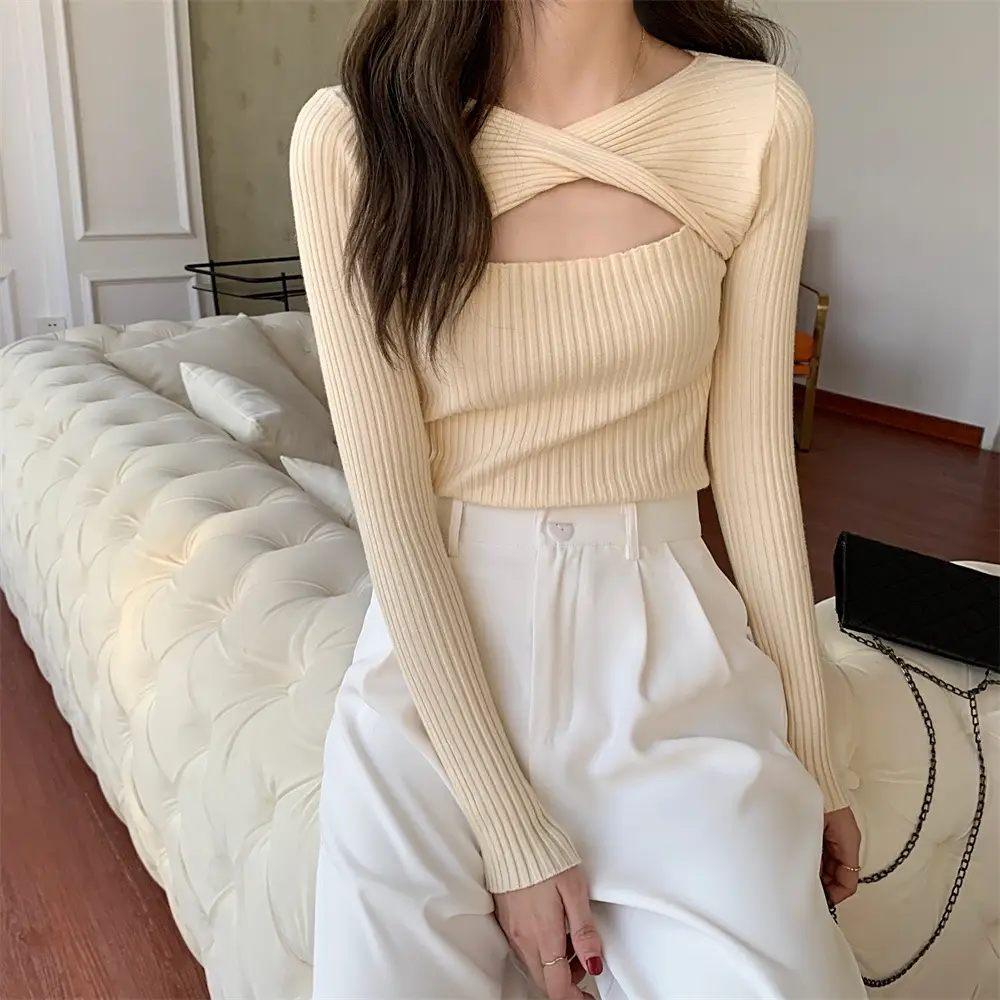 Women Knit Hollow Out Top with V-Neck & Long Sleeves — feature 14