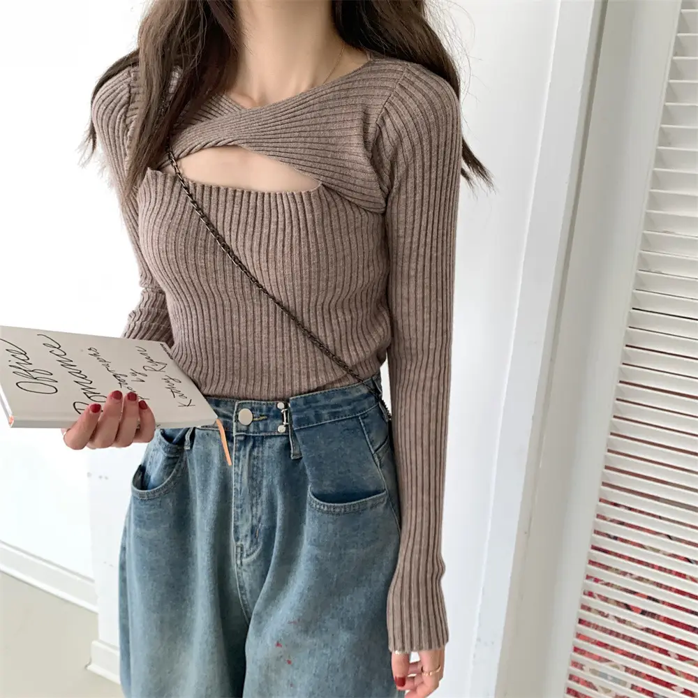 Women Knit Hollow Out Top with V-Neck & Long Sleeves — feature 6
