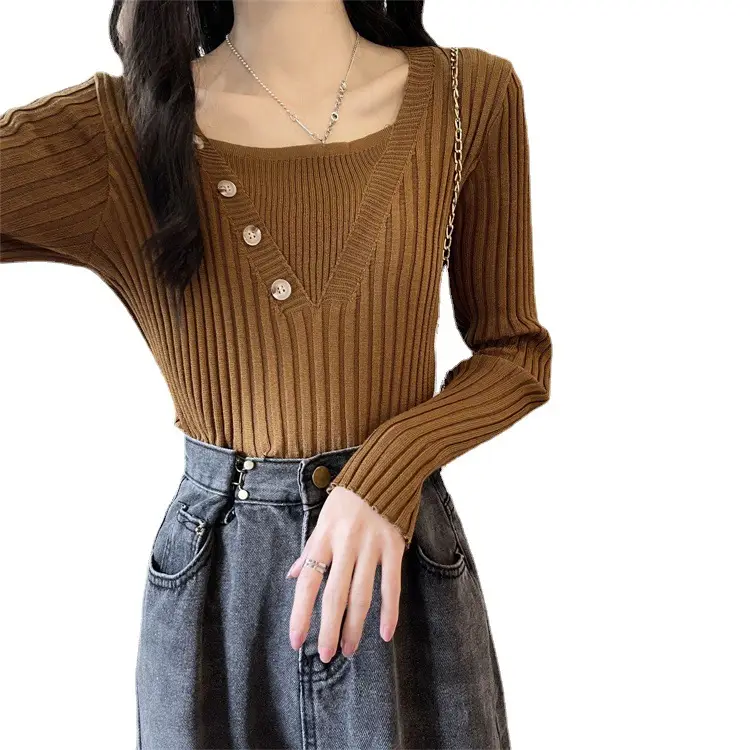 Fake Two-Piece Knit Sweater for Women Black Slim Fit - Image 5