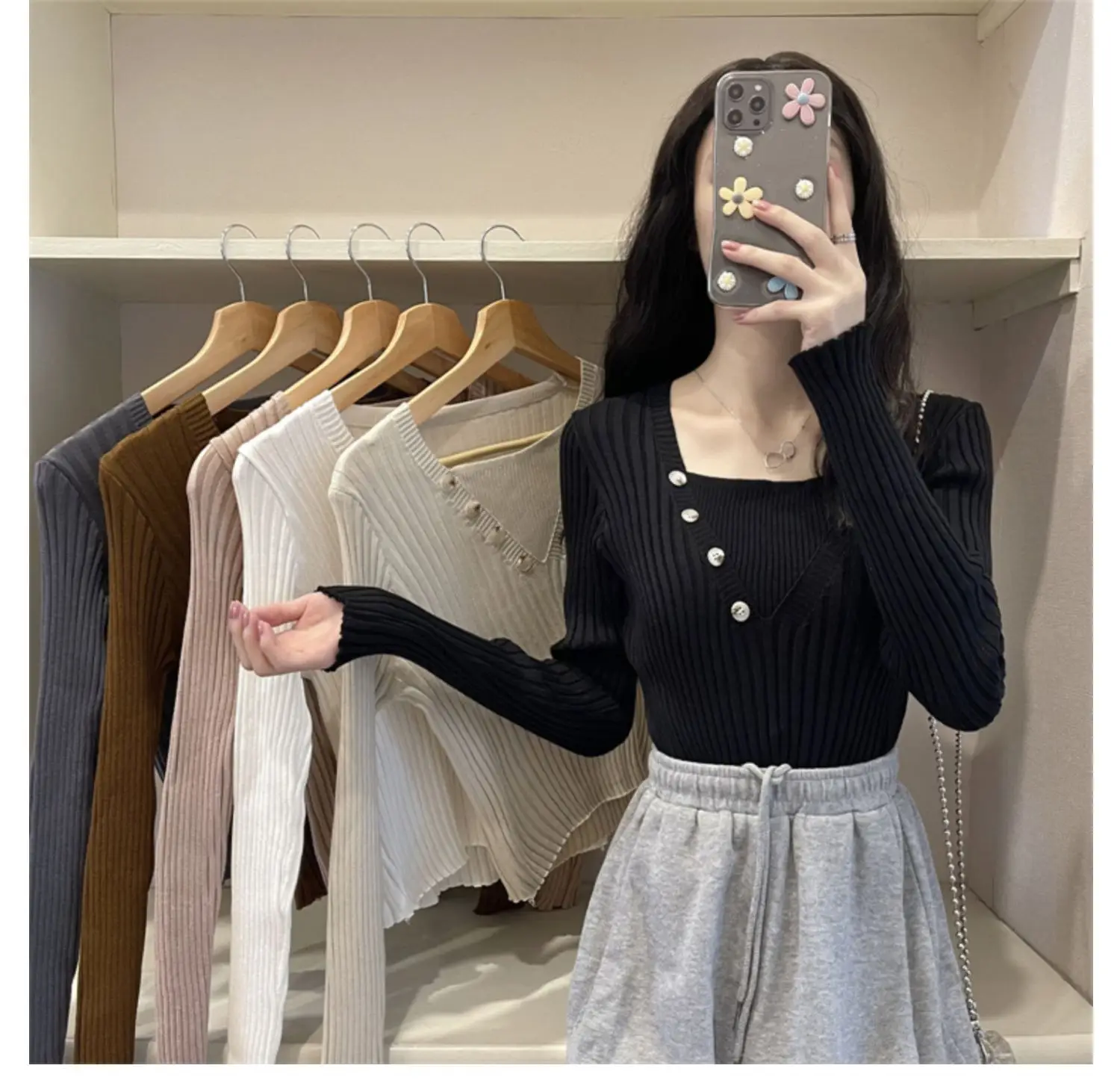 Fake Two-Piece Knit Sweater for Women Black Slim Fit — feature 1
