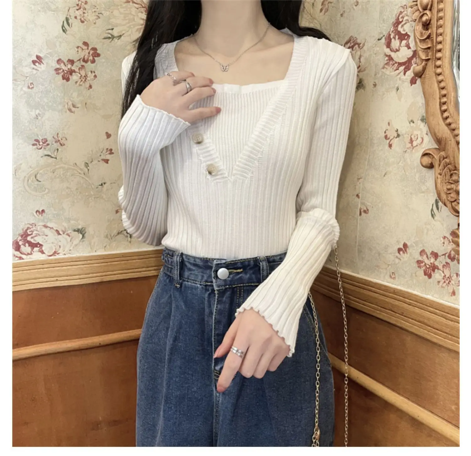 Fake Two-Piece Knit Sweater for Women Black Slim Fit — feature 10