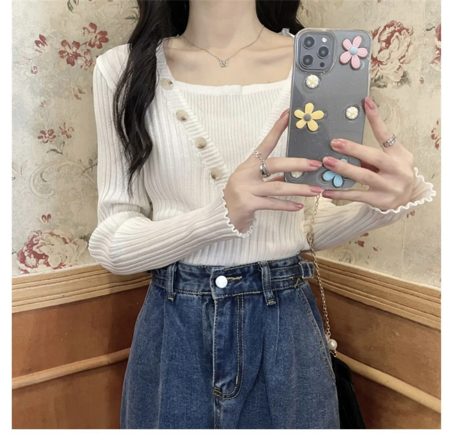 Fake Two-Piece Knit Sweater for Women Black Slim Fit — feature 11