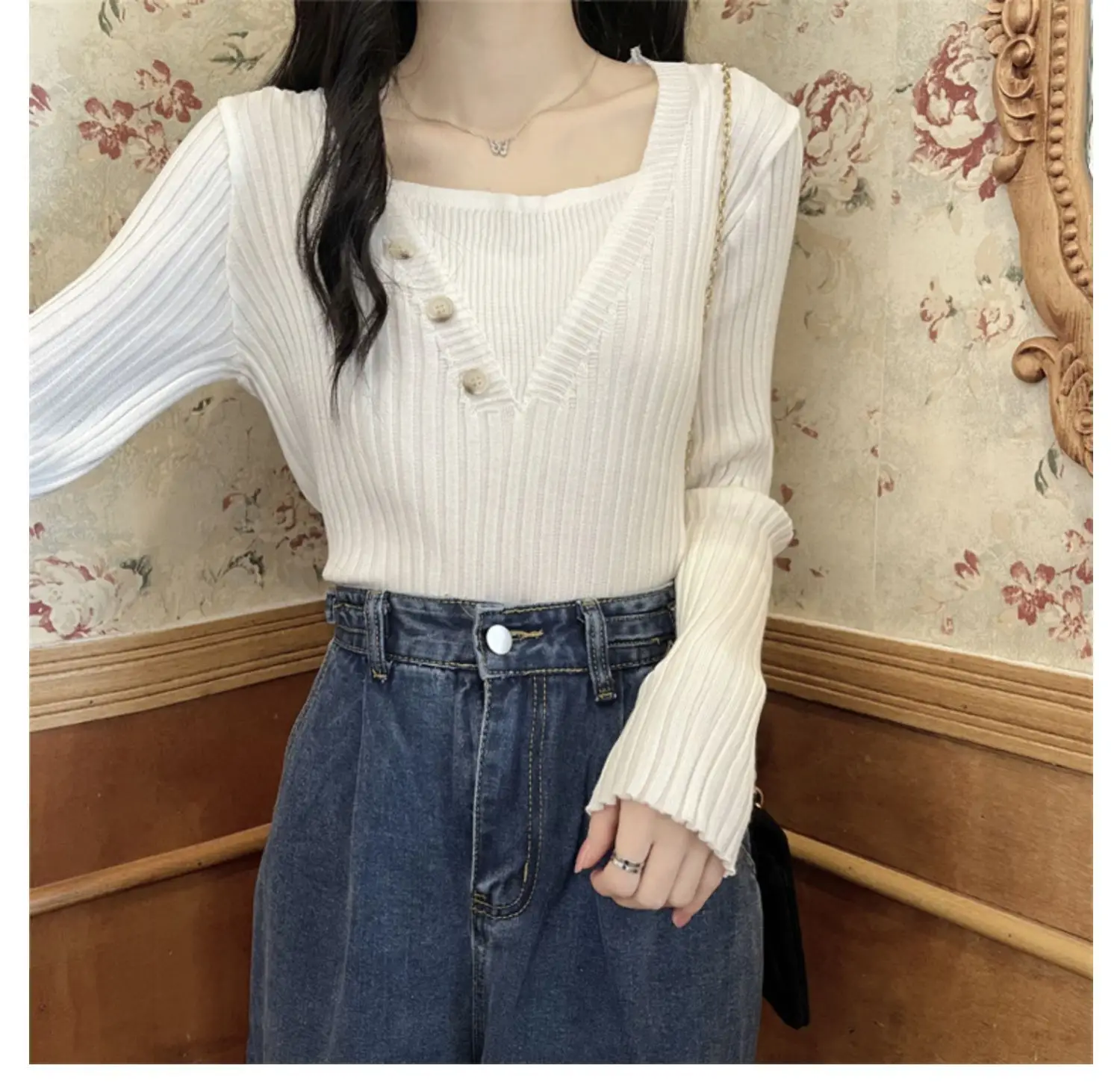 Fake Two-Piece Knit Sweater for Women Black Slim Fit — feature 12