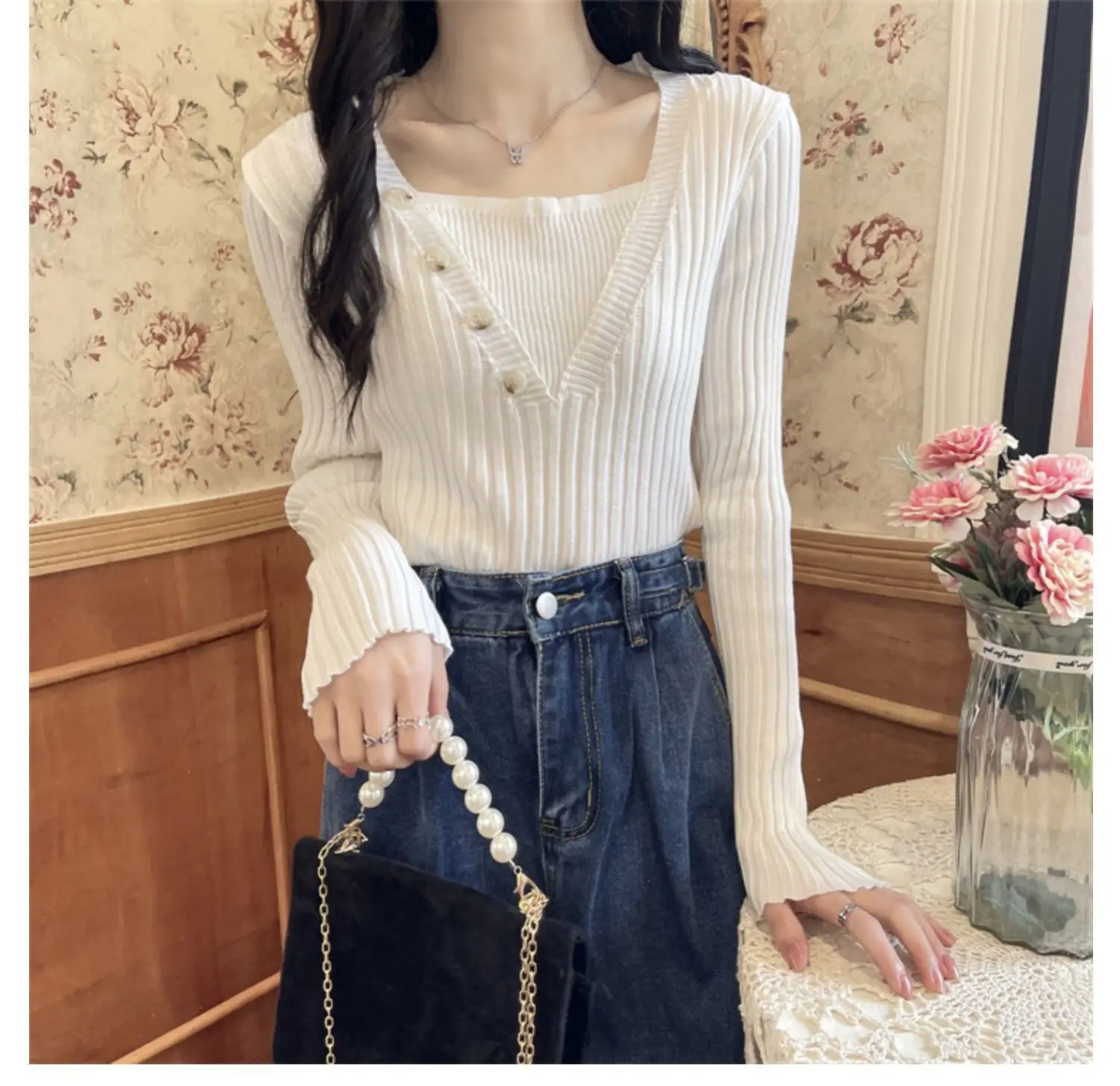 Fake Two-Piece Knit Sweater for Women Black Slim Fit — feature 13