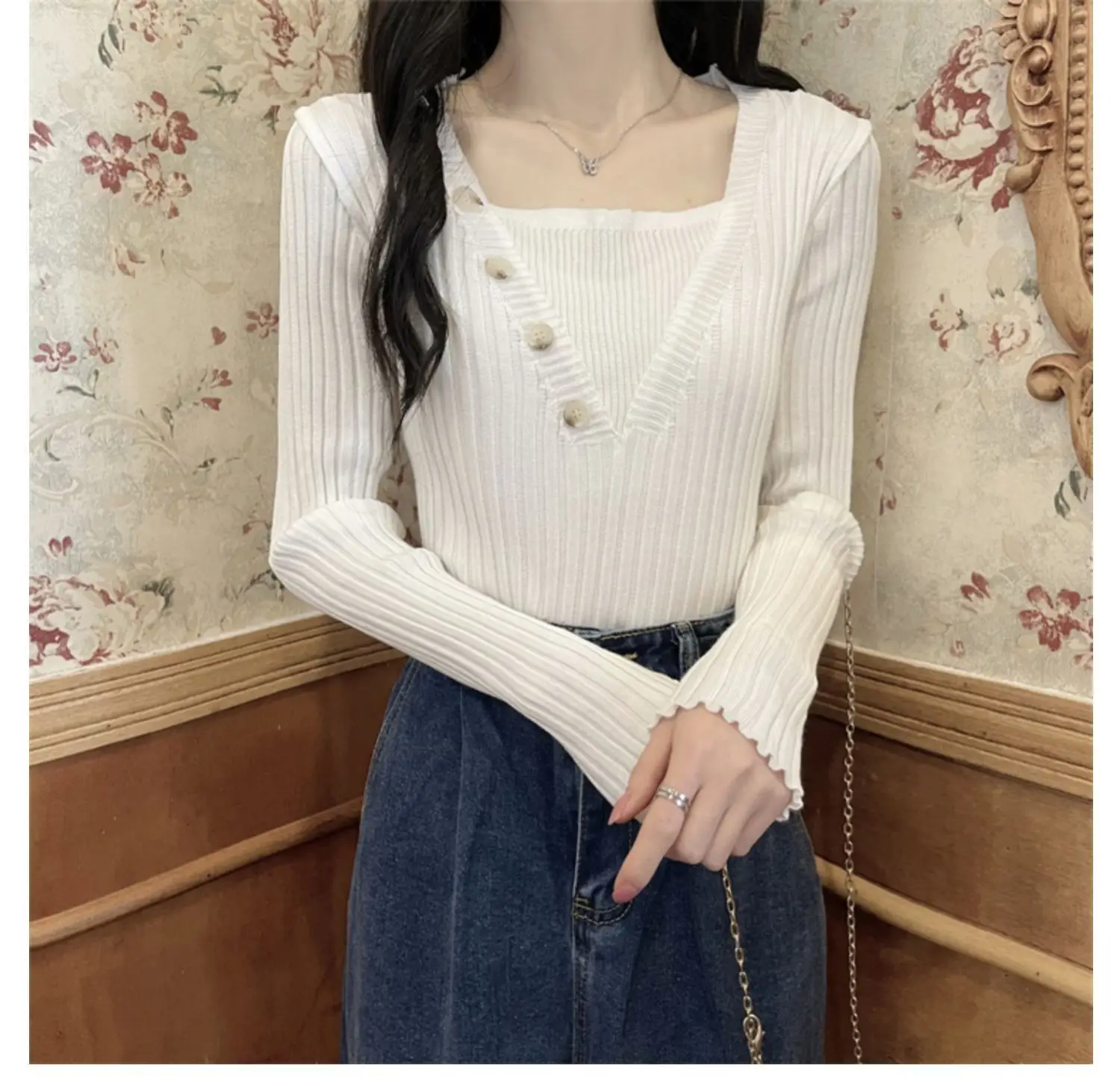 Fake Two-Piece Knit Sweater for Women Black Slim Fit — feature 14