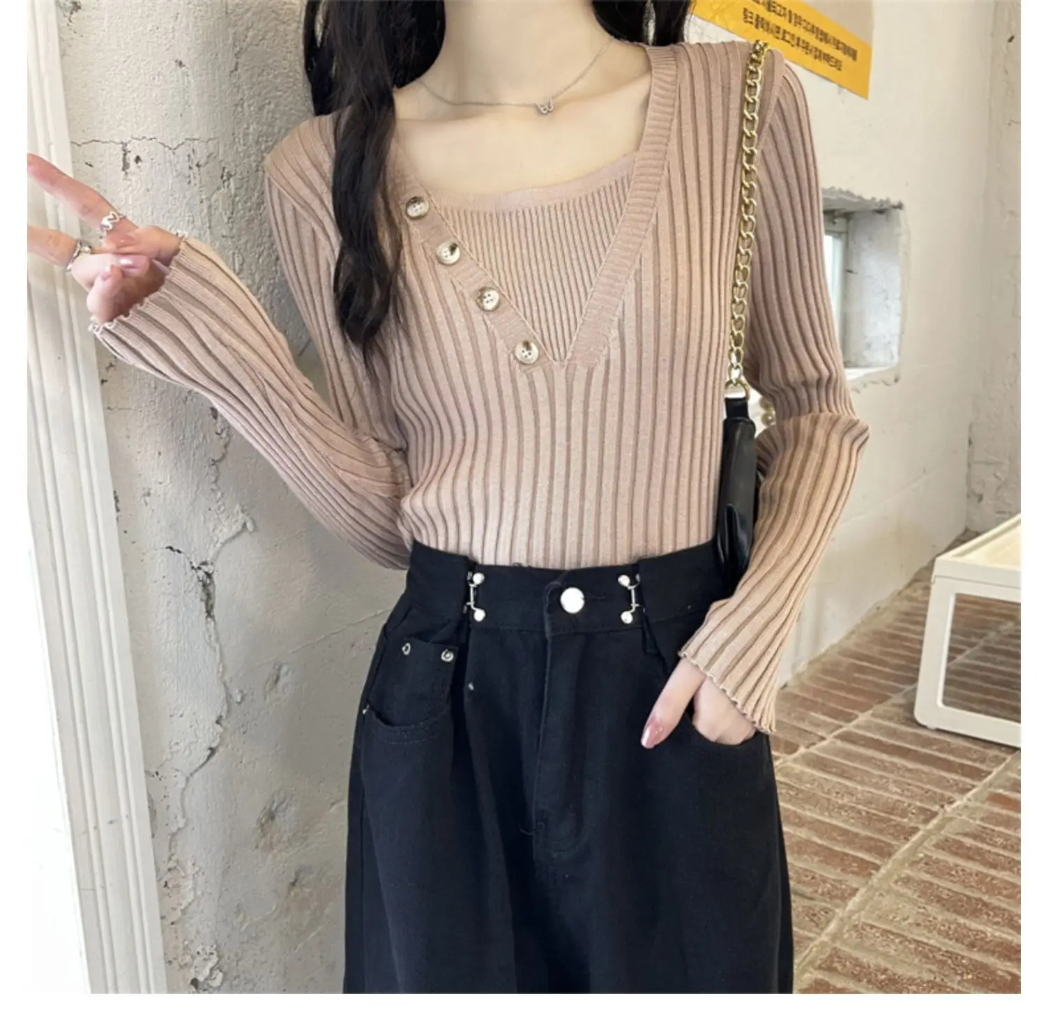 Fake Two-Piece Knit Sweater for Women Black Slim Fit — feature 15